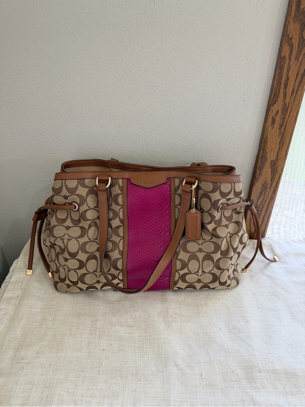Coach Brown Signature Carryall Drawstring Pink Snakeskin Stripe Bag